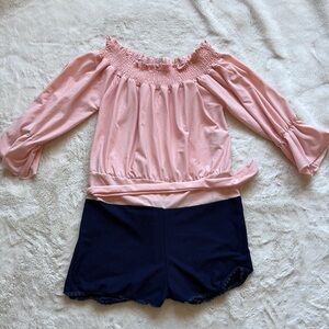 Studio 1000 Off-Shoulder Romper – Size S | Smocked Pink Top & Navy Shorts |